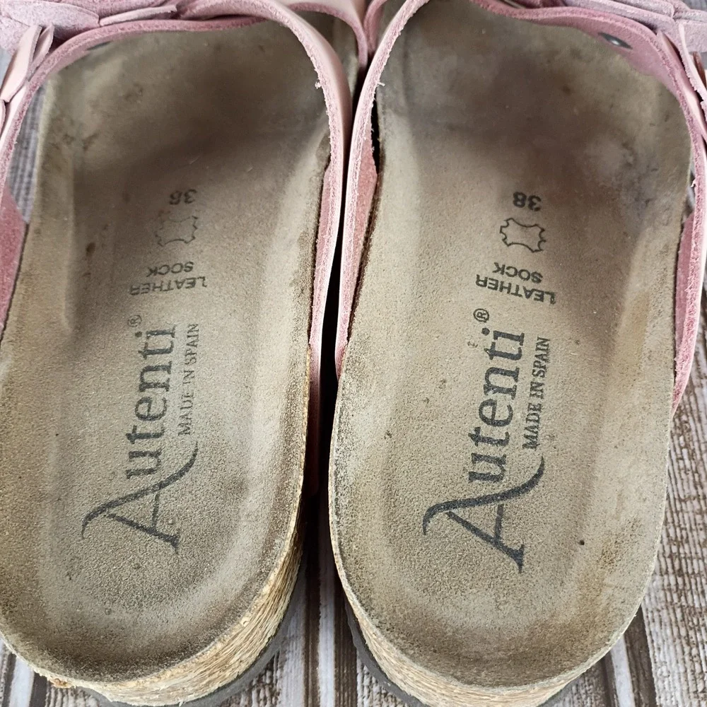 Autenti by Penthalon Pink Leather Floral Sandals Cork Wedge Made in Spain 38